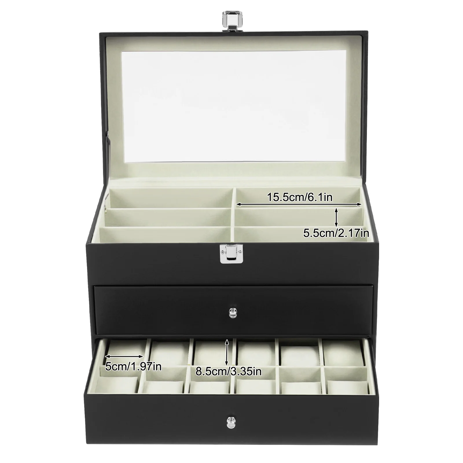 Watch Storage Box Display Case, Watch Box, 12 Grid Eyeglass Organizer, PU Leather Jewelry Container, Soft Liner, Secure Closure, Dustproof Design, Watches and Glasses Protective Storage for Men Women