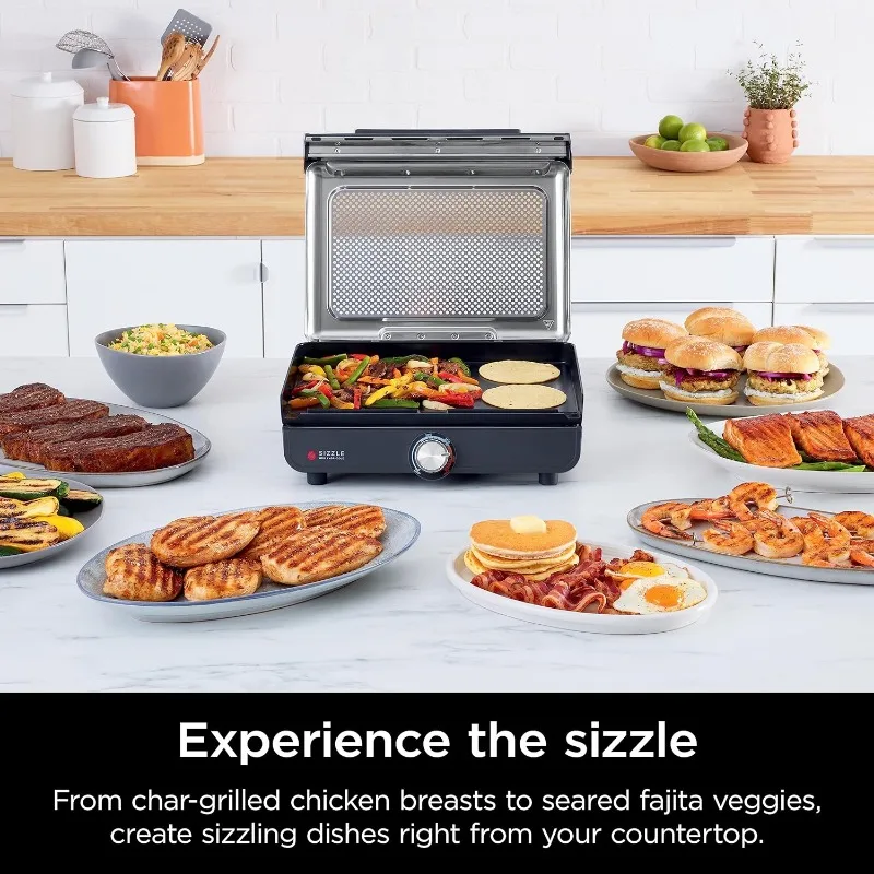 Ninja GR101 Sizzle Smokeless Indoor Grill & Griddle, 14'' Interchangeable Nonstick Plates, Dishwasher-Safe Removable Mesh Lid