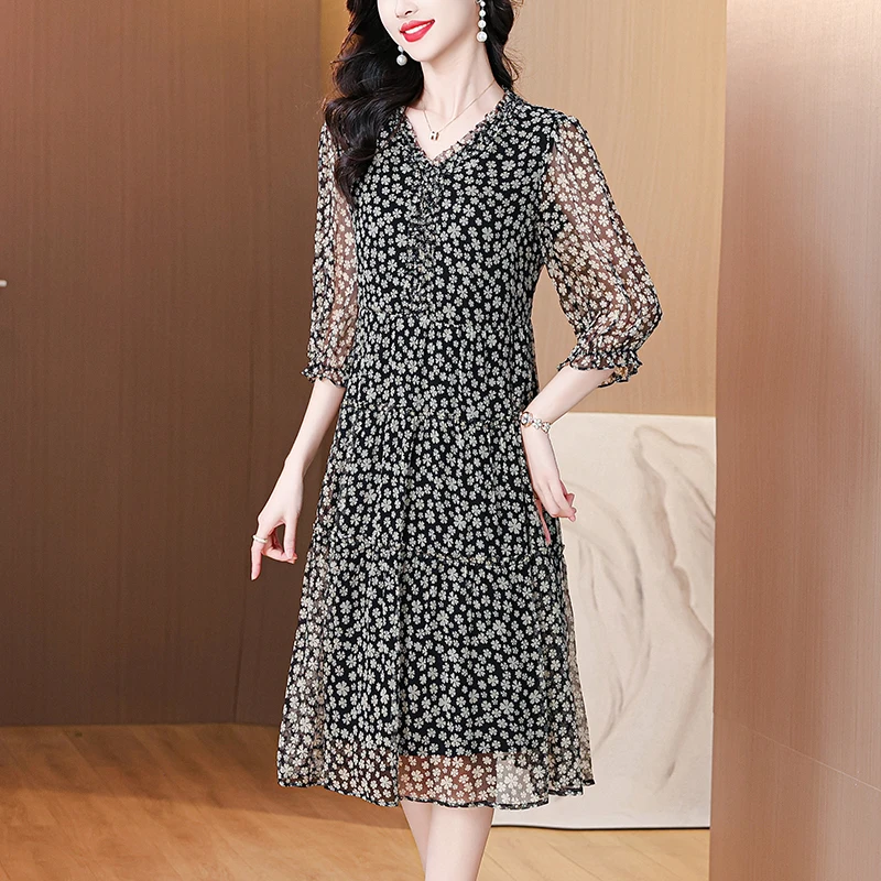 ฤดูใบไม้ผลิฤดูร้อนดอกไม้ชีฟอง Casual Beach Midi ชุดผู้หญิงเกาหลีแฟชั่น Elegant Prom 2025 Chic Luxury Party ชุดราตรี