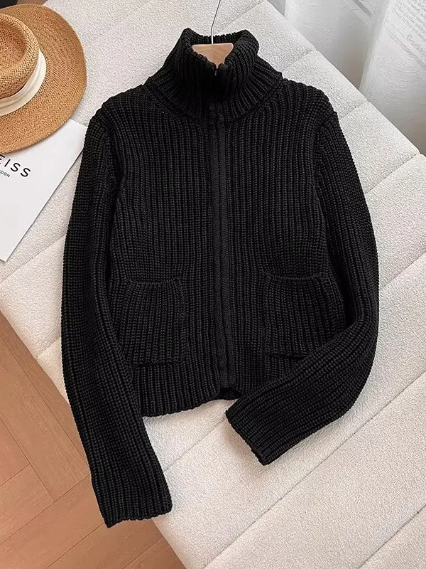 เสื้อโค้ทไหมพรมถักนุ่ม คอตั้งแบบมีซิป สำหรับผู้หญิง รุ่นใหม่ล่าสุด ฤดูใบไม้ร่วง ฤดูหนาว เหมาะสำหรับใส่ไปทำงาน