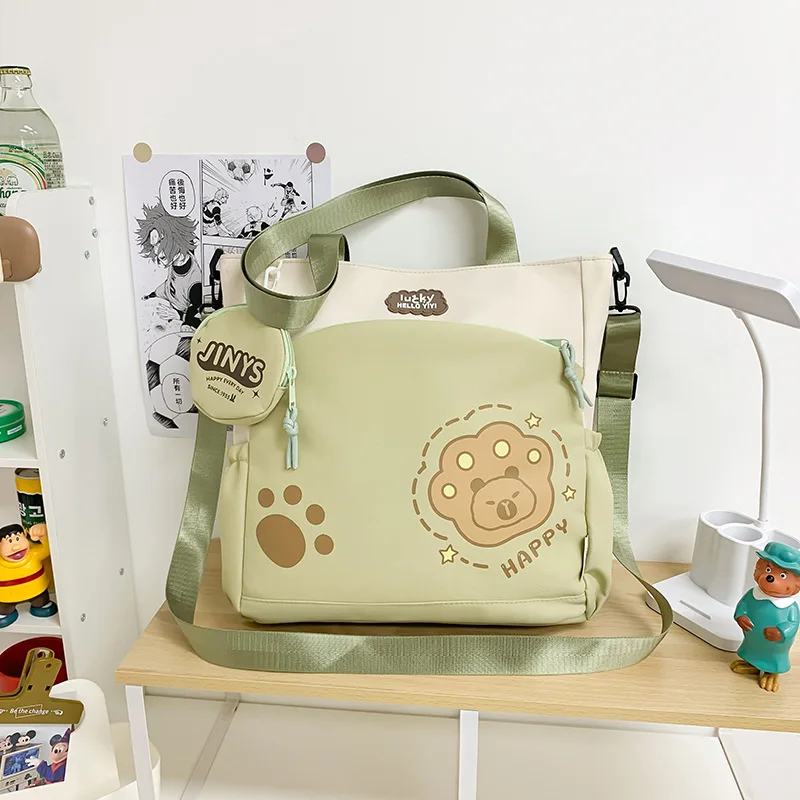 New Japan Style Shoulder Bag Large Capacity Cute Cartoon Student Crossbody Bag Fashion Contrasting Canvas Tote Bag Unisex