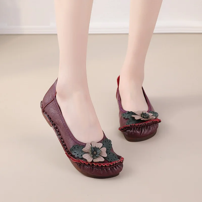 Retro Boho Shoes Women Genuine Leather Loafers Ladies Luxury Flats Ethnic Style Dressy Shoes Women\'s Cowhide Leather Flat Shoes