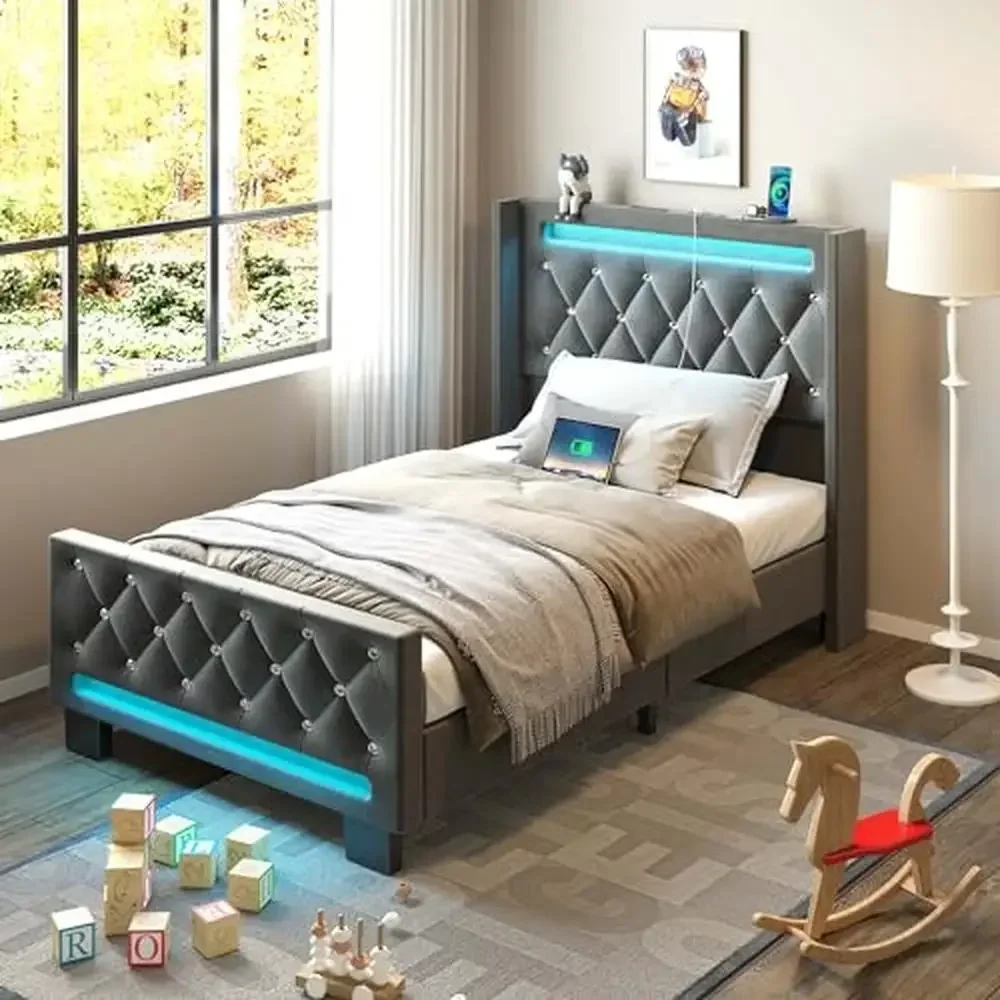 Upholstered Velvet Twin Bed Frame with RGB LED Light Charging Station High Headboard & Footboard Wood Slats Noise Free Easy