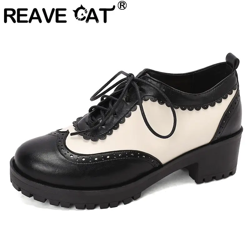 

REAVE CAT 2025 Лоферы для женщин с круглым носком и блочным каблуком 5 см, разноцветные туфли-лодочки на шнуровке размера плюс 43 44 45 Мягкая повседневная обувь для отдыха
