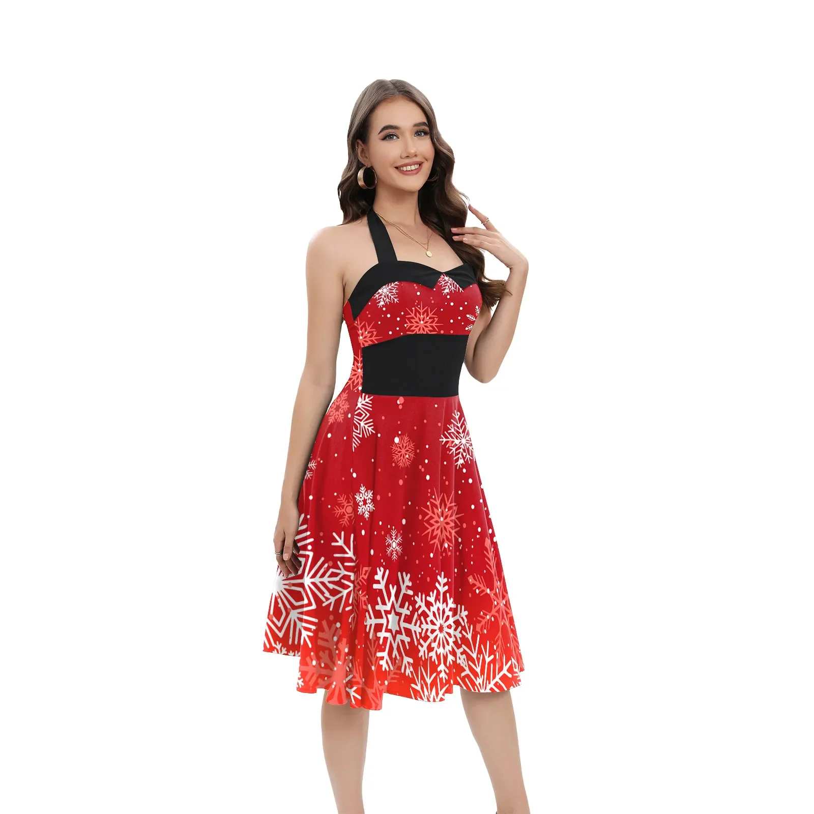Rotes Weihnachtskleid für Damen, sexy A-Linien-Kleid, Weihnachten, Cosplay, Kostüm, Party, Trägerkleid, Schneeflockenmuster, 3D-Druck, Festival-Outfit