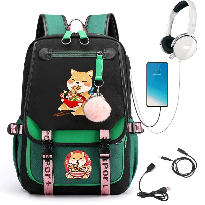 Ransel anak perempuan Ramen Shiba Anime tas sekolah imut untuk pelajar remaja anak perempuan anak laki-laki kantong ransel Laptop wanita tas sekolah buku