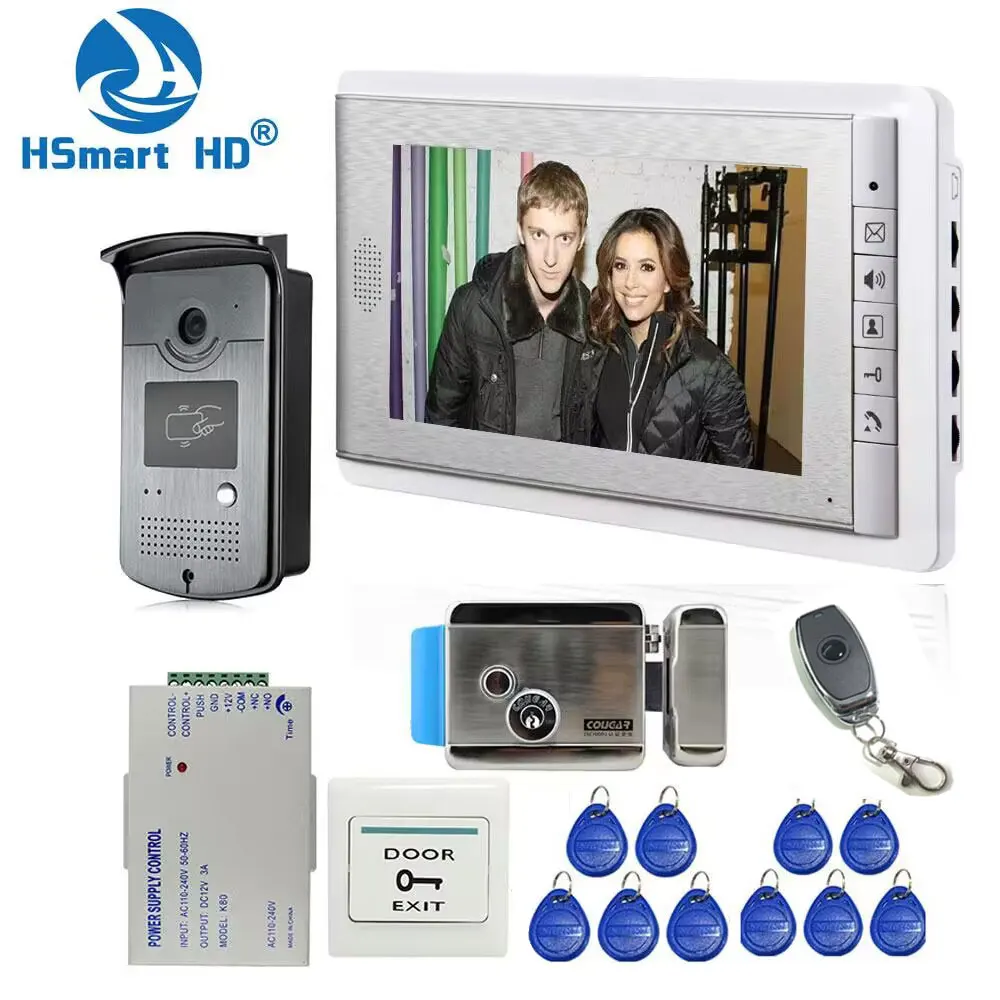 Visiophone domestique filaire 7 pouces, système d\'interphone, 1 moniteur + 1 accès RFID, caméra IR + serrure de porte à commande électrique