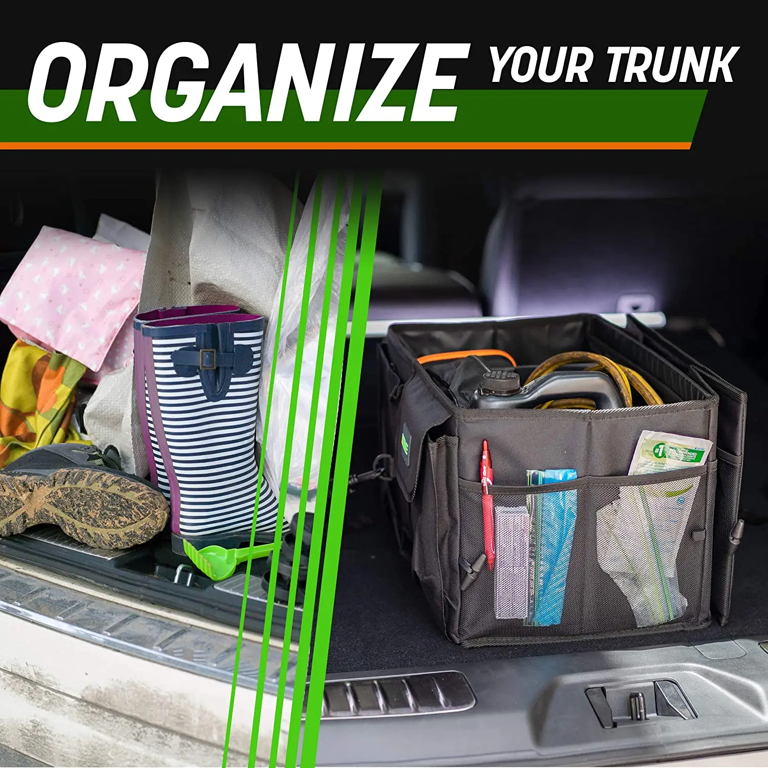 Drive Auto Trunk Organizers and Storage - Collapsible Multi-Compartment Car Organizer w/ Adjustable Straps - Automotive Consoles