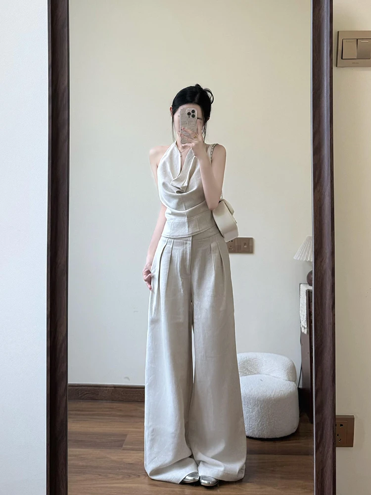 

Women's Summer 2025 Two-Piece Set Vest Wide Leg Pants Floor-Length Drapey Netie High-End Casual Faion Ensemble