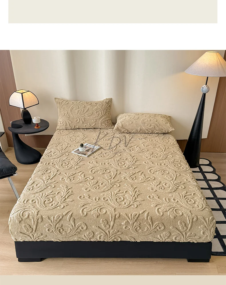 European Style Jacquard Plush Fitted Sheet Winter Thick Warm Fleece King Mattress Cover with Deep Pocket Single Double Bed Sheet