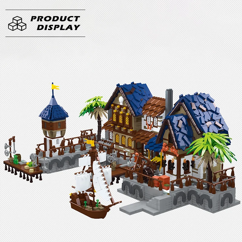 Street View Medieval Harbor Building Blocks Medieval Architecture House Assembly Model City Bricks With Lights Toys For Kid Gift