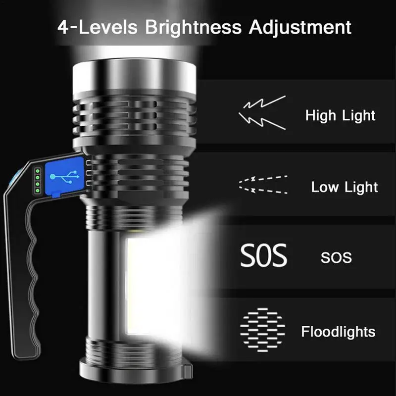 Super Bright LED Flashlight COB Side Light Long-Range Rechargeable Torch Waterproof Portable Camping Lantern 4 Brightness Levels