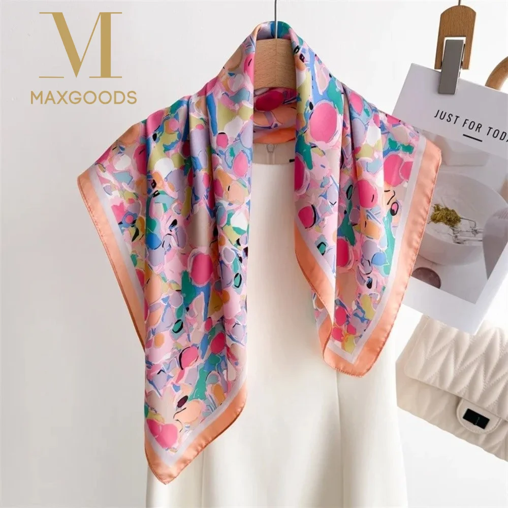 Modischer Luxus-Seidenschal für Damen 70*70cm mit Blumenmuster, Atmungsaktiver Haarschal, Quadratischer Hijab, Bandana