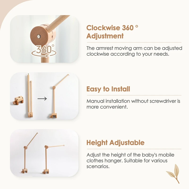 Baby 0-12 Months Mobile Rattle Toys 360 Degree Height Adjustment,Multidirectional Mounting,Upgraded Arch Wooden Bed Bell Bracket