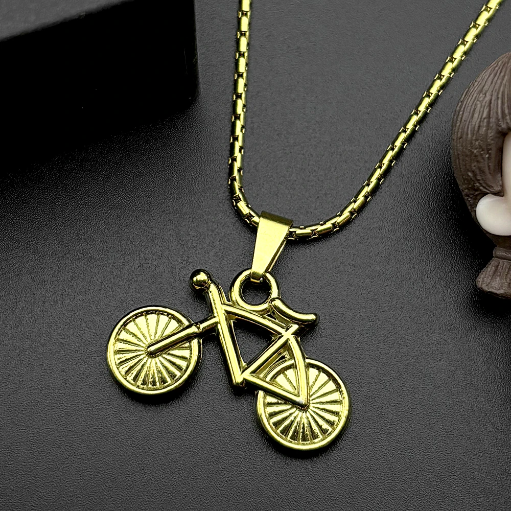 Hiphop Cartoon Bike Pendant Necklace For Women Men Stainless Steel Gold Color Male Daily Wear Sports Man Chain Jewelry Decor
