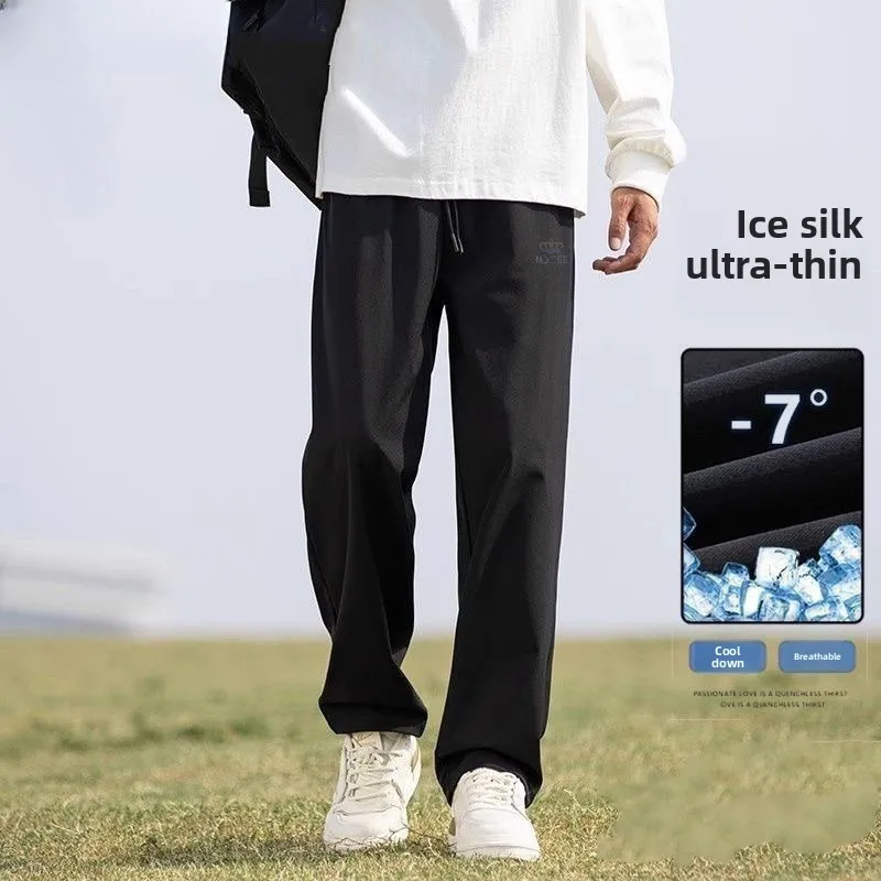 아이스 실크 얇은 바지 남성용 스포츠 루즈 통기성 높은 허리 캐주얼 스트레이트 레그 롱 팬츠 여름 패셔너블 경량