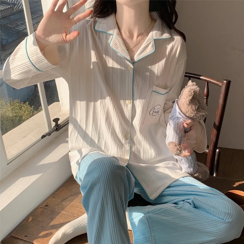 Casual New Student pigiama set bavero manica lunga camicia pantalone Cartoon Print Sleepwear donna Butttons Cardigan pigiama Mujer