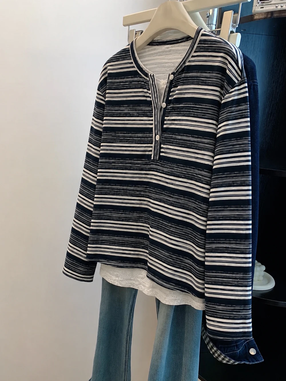 Ladies Loose Lace Long Sleeve T-Shirt Henry Collar Striped Bottom Stitching Casual Comfortable Soft Standard Fit Autumn Top