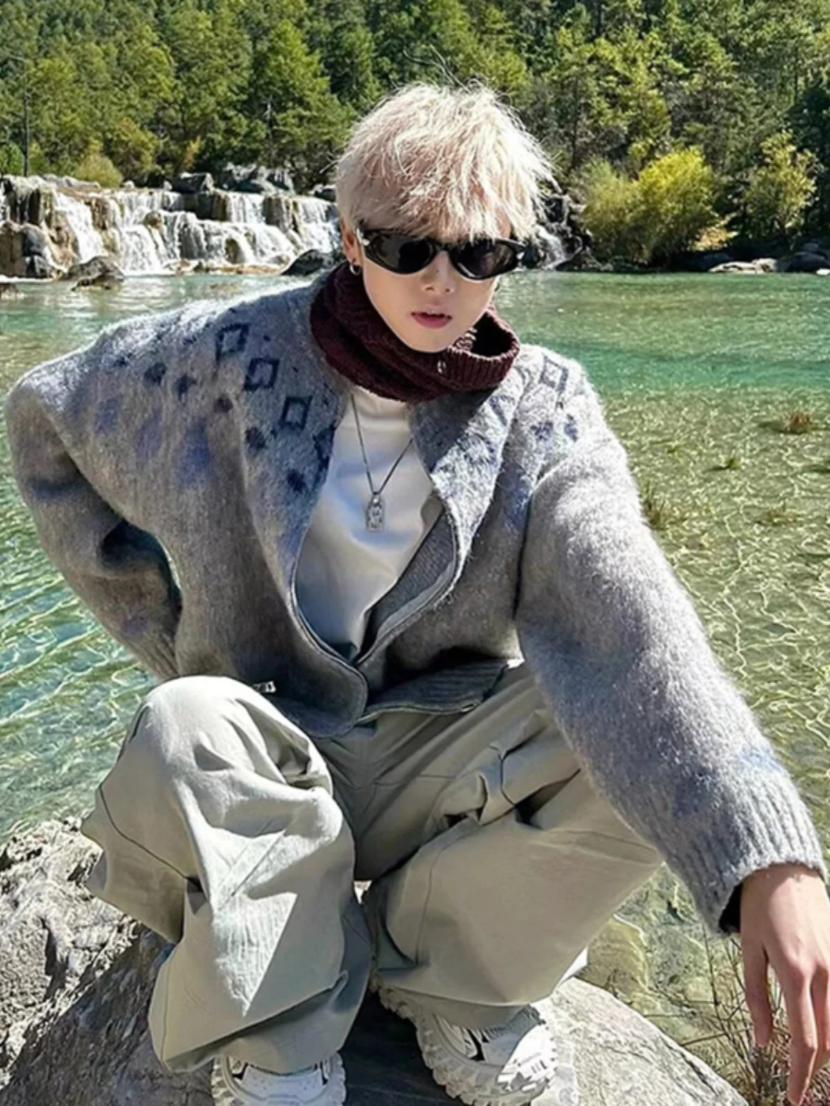 

Винтажный мужской вязаный свитер, пальто из мягкого искусственного меха, свитер с лапин-остром, свободный крой, повседневная осенняя верхняя одежда, круглый длинный...