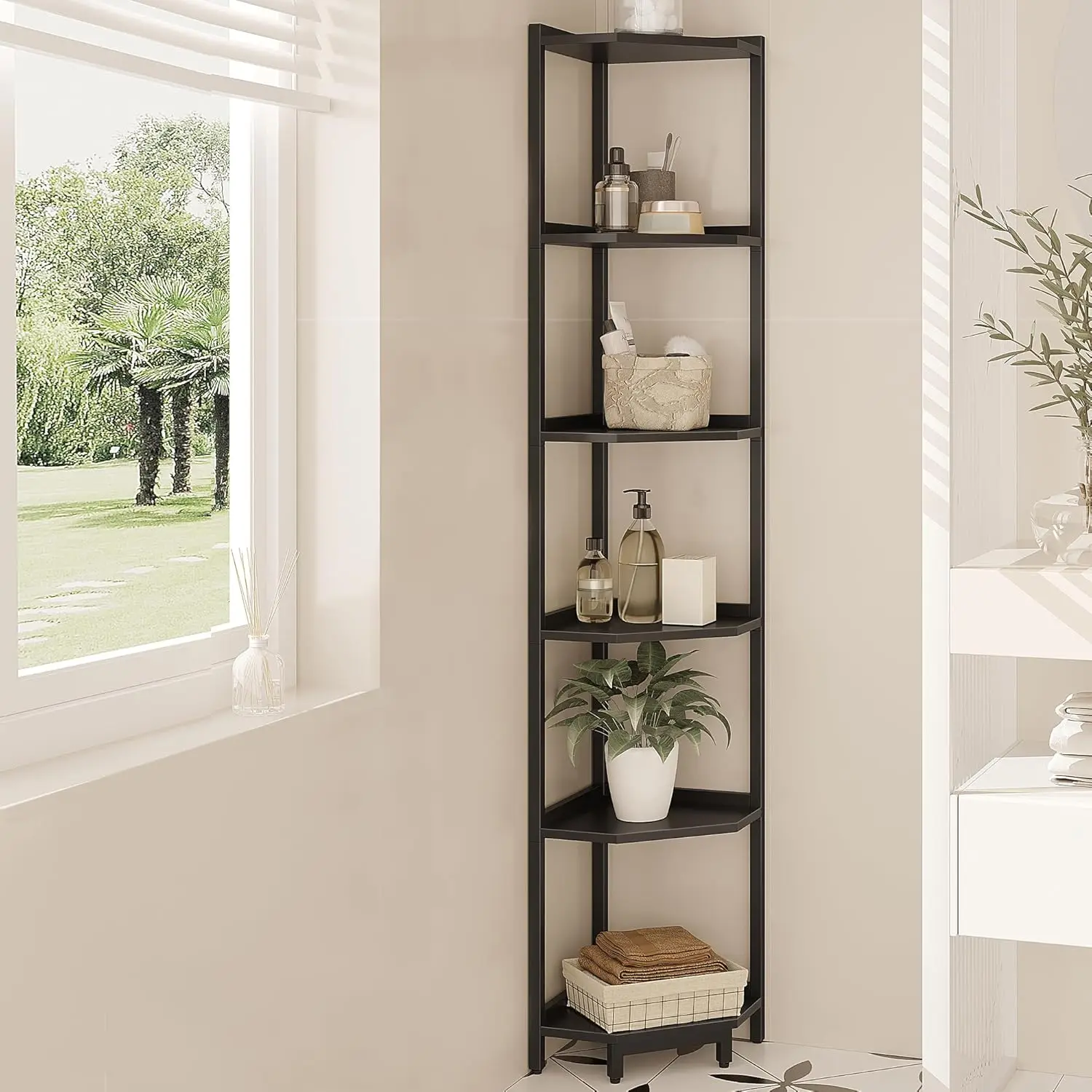 

6-Tier Corner Shelf Unit with Metal Frame, Space-Saving Bookshelf for Living Room, Home Office, Bedroom in Black