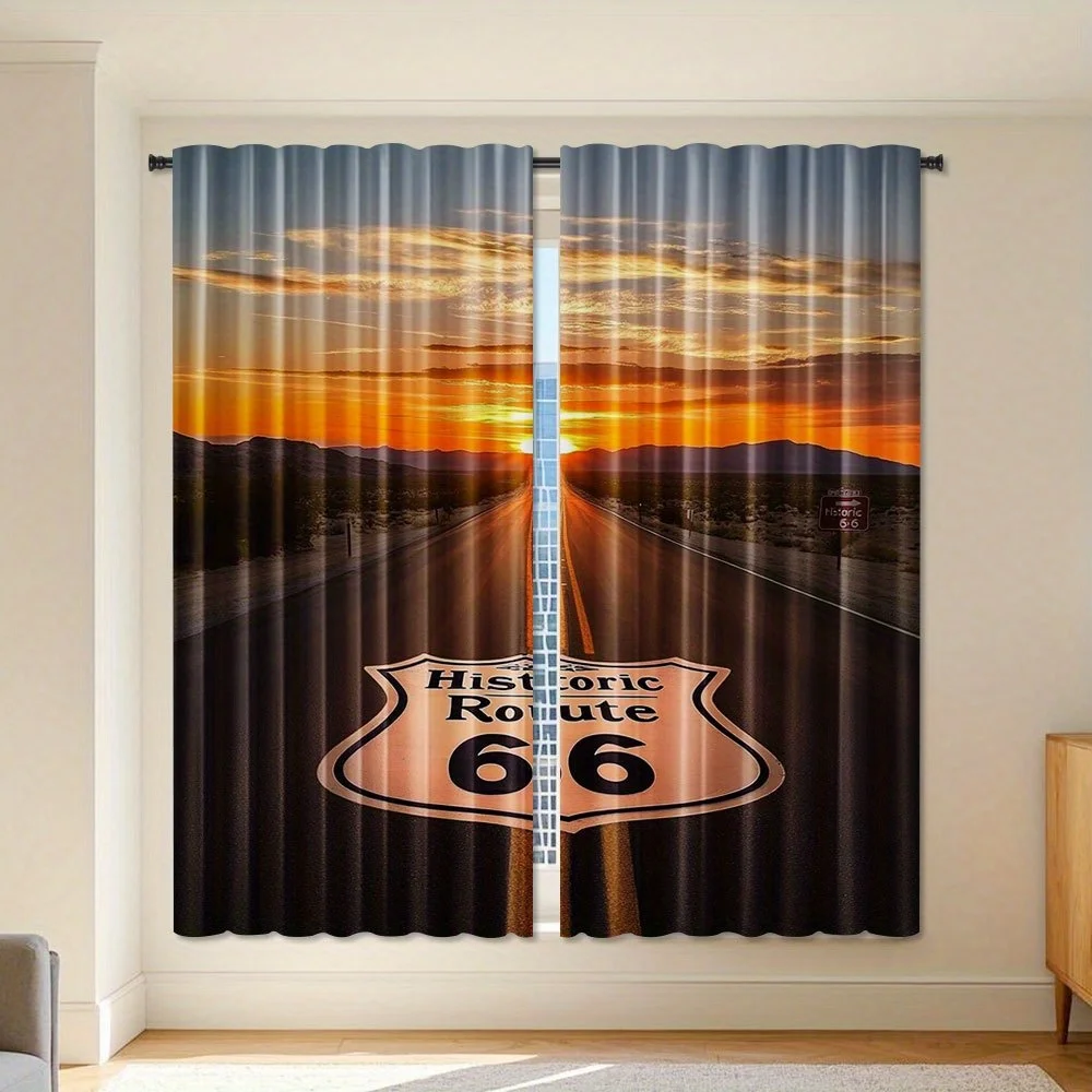 Historic Route 66 Highway Curtains, Sunset Road Trip Print Blackout Drapes for Living Room, Vintage USA Travel Decor