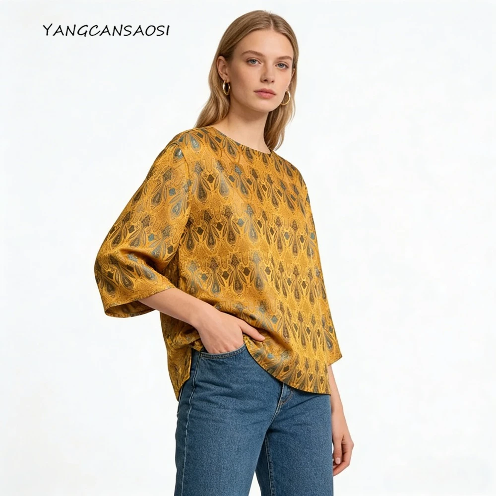 

2026 Women's Spring/Summer New Yellow Wing Printed Versatile Retro 70% Natural Mulberry Silk Round Neck Long Sleeve T-shirt