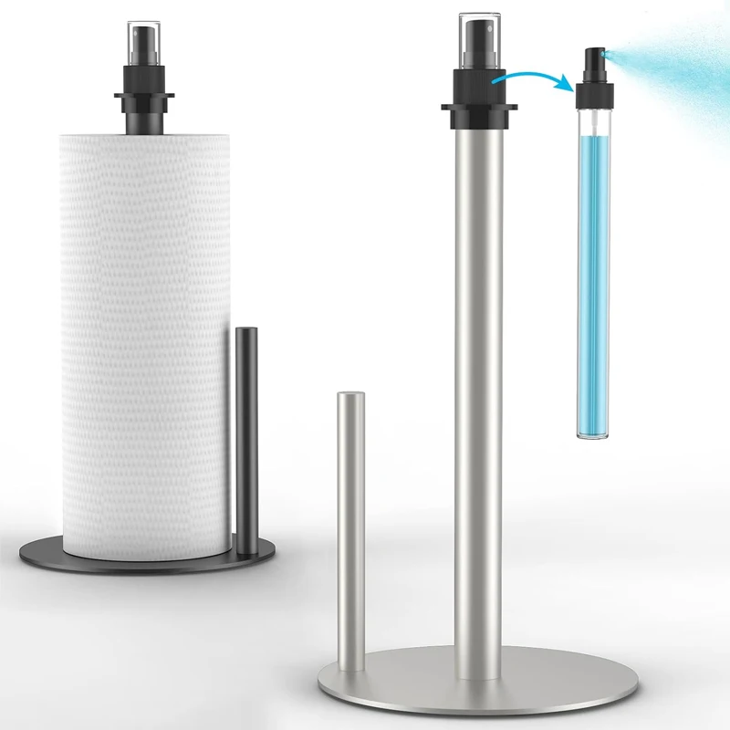 Paper Towel Holder with Spray Bottle, Stainless Steel Standing Rack for Kitchen Countertop, BBQ, and Picnic