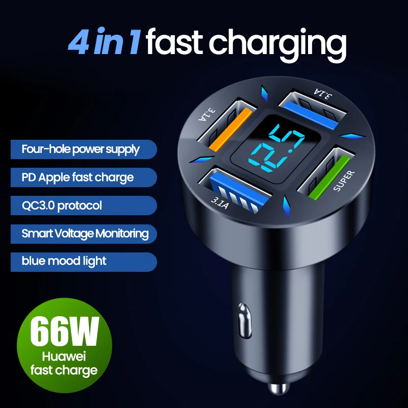 66W PD Car Charger QC3.0 4-Port USB Fast Charging Cigarette Lighter Splitter Digital Display For iPhone 15 Samsung Xiaomi Huawei