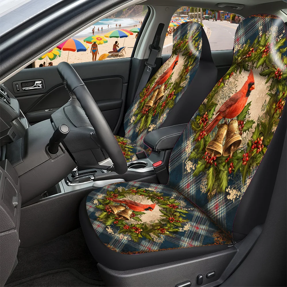 2-5 Seat Set Car Seat Covers Premium Fit For Truck SUV Off-road Car Elegant Christmas Wreath With Cardinal Pattern Festive Holi