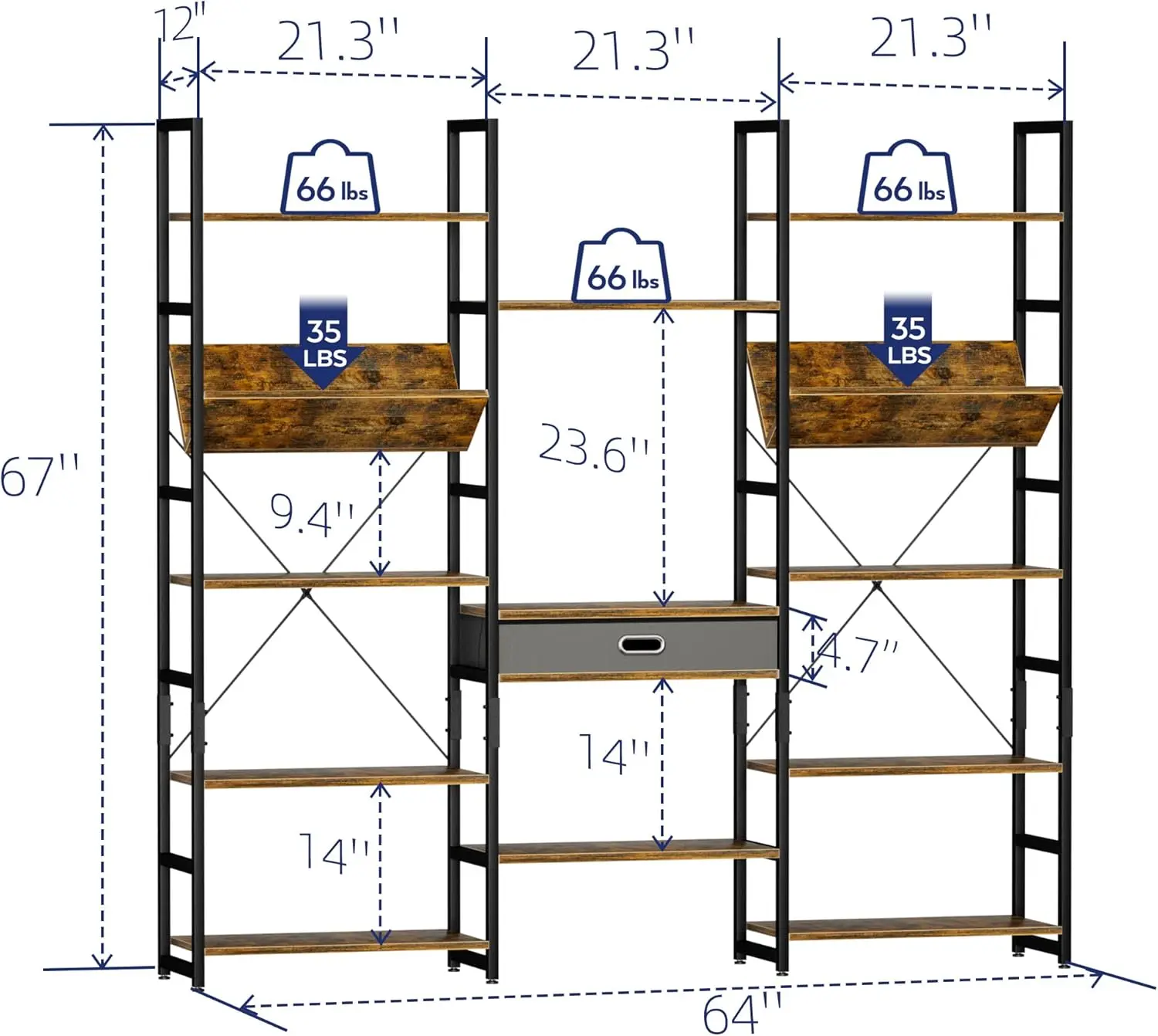 Triple Wide 5 Tier Bookshelf, Adjustable Rustic Industrial Style Book Shelves, Modern Bookcases and Bookshelves Furniture