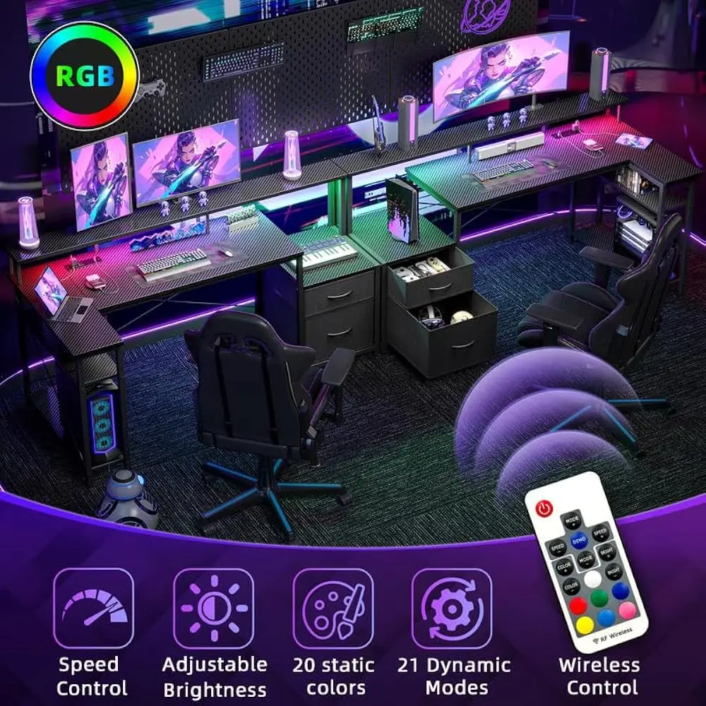 Computer Desk L Shaped With Drawers, 65” Gaming Desk With Power Outlets And Led Strips, Large L Shaped Corner Desk With Monitor