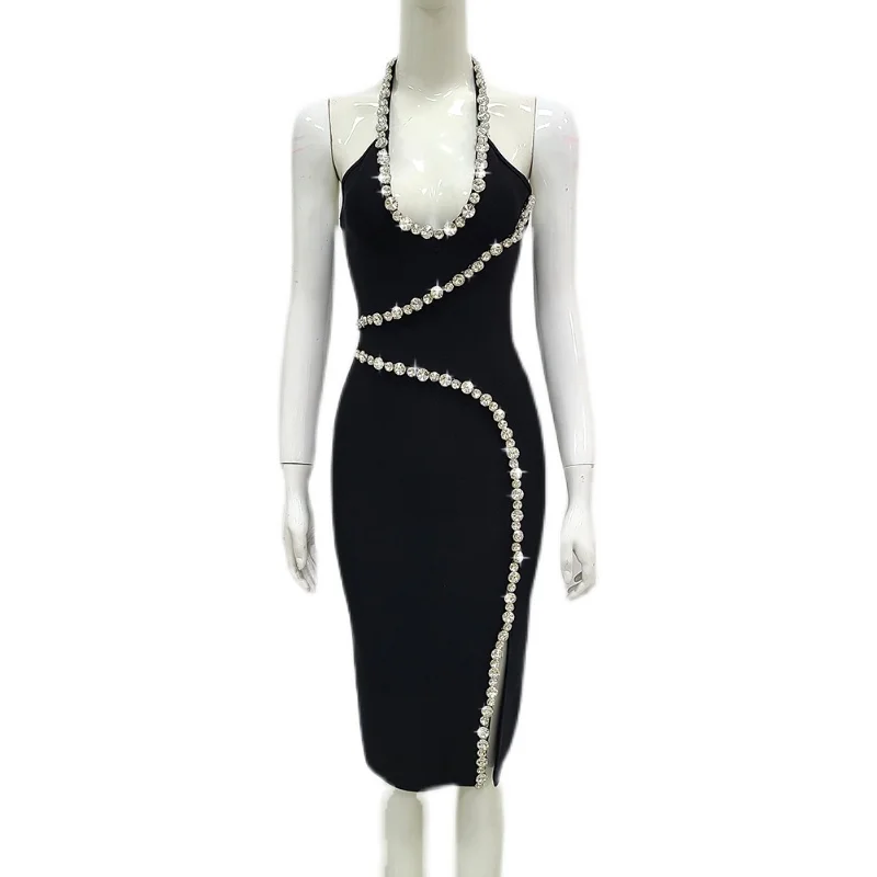Sexy Deep V Ne Beaded Diamond Strapl Evening Gown Wrap Dr High Waist ort Bodycon Dr for Cany Annual Dinner