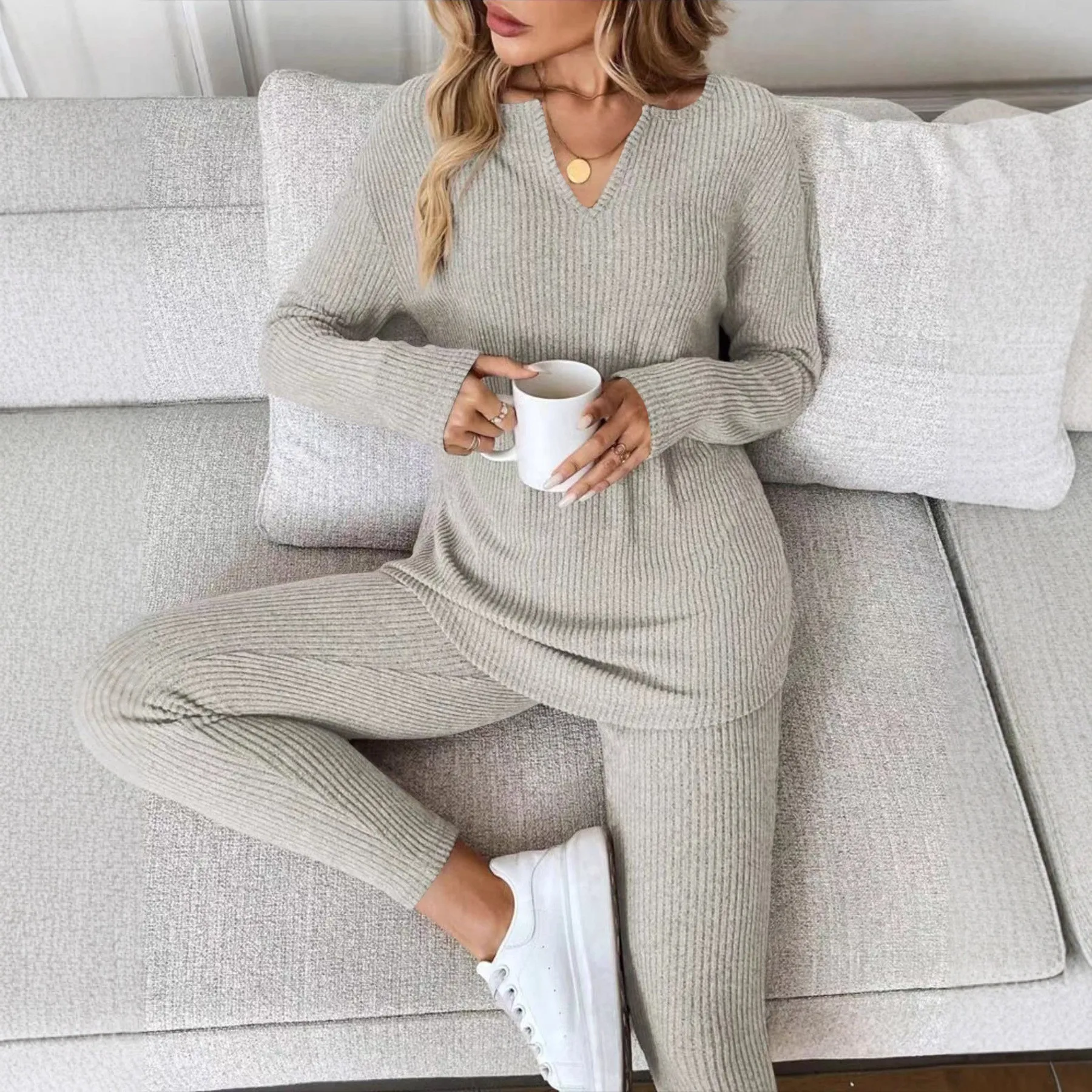 

Spring Women's Clothing Two Piece Set V Neck Casual Wear Matching Sets For Woman Polyester Long Sleeve Lounge Outfit Set