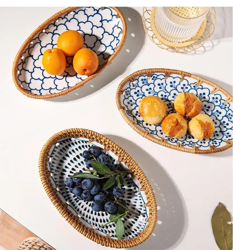 Rattan Retro Ceramic Fruit Plate Oval Dessert Home Living Room Afternoon Tea Dishes Dinner Set Plates and