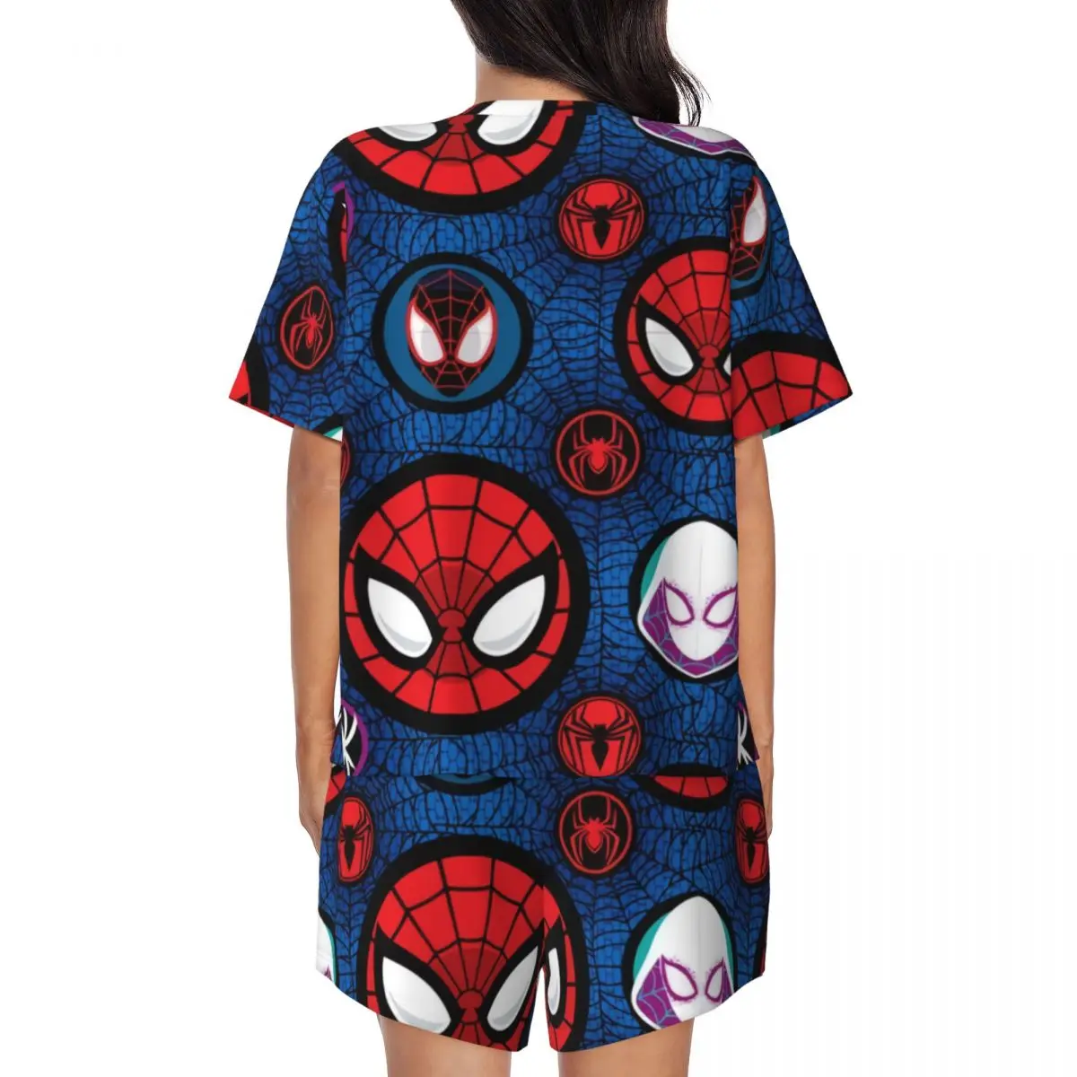 Custom Print Women Animated Anime Spider Man Pajamas Set Spider Web 2 Piece Pjs Sets Short Sleeve Sleepwear Loungewear