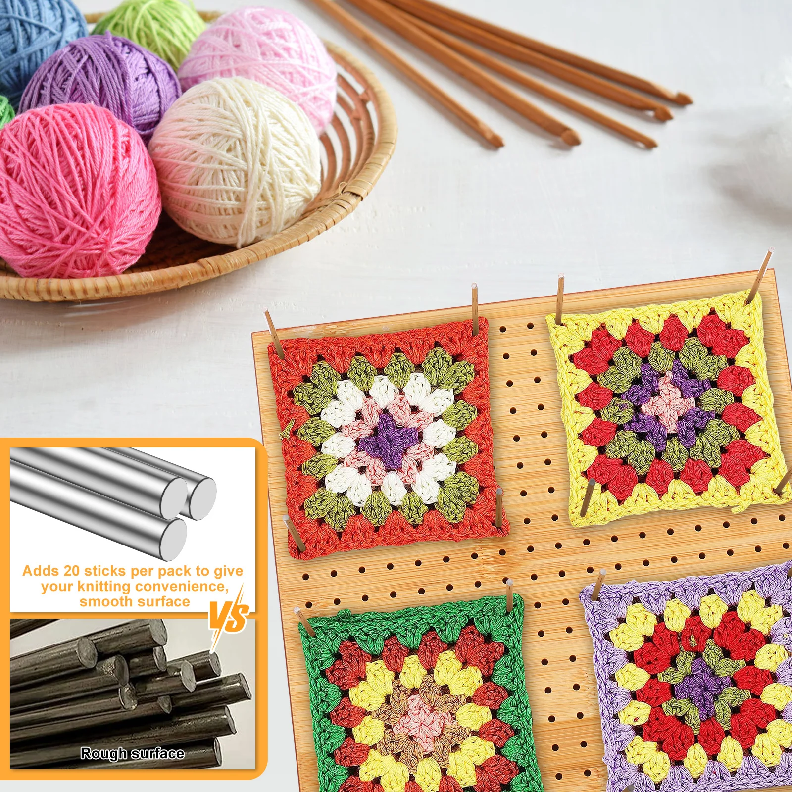 Wood Crochet Blocking Board Kit With Stainless Steel Rod Pins Granny Square Blocking Board for Beginner Knitting Lover Gifts