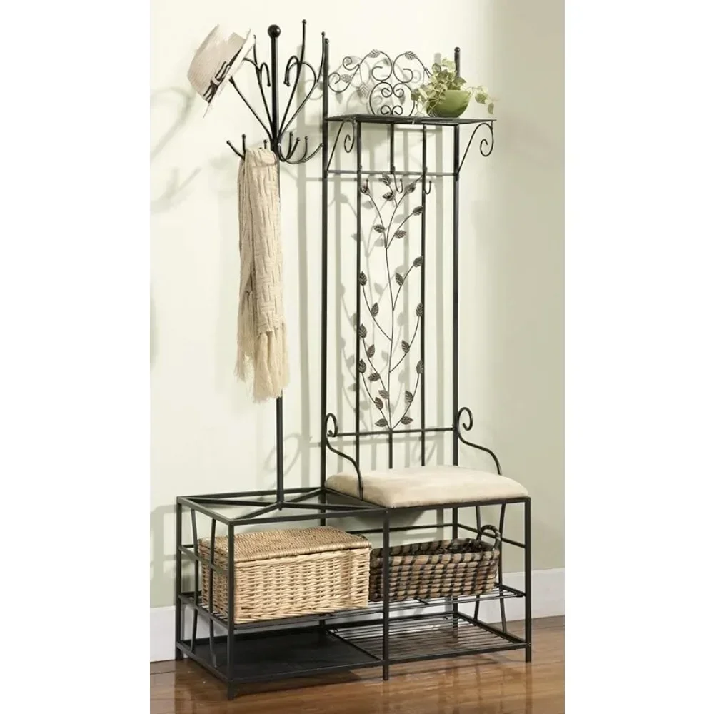 Coat rack, black finished metal storage stool with coat rack and umbrella rack, 36 