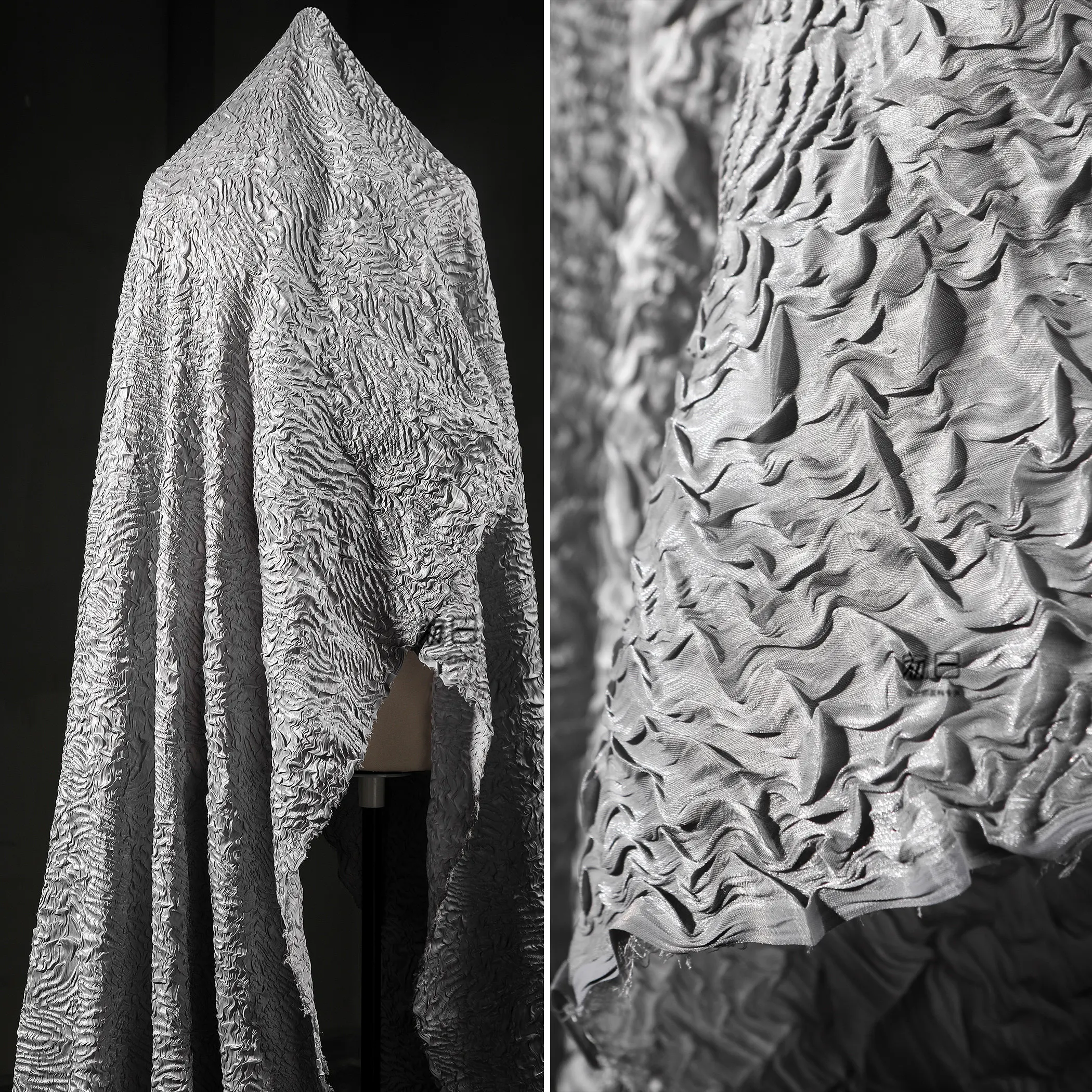 Light Gray Water Ripple Crepe Irregular Wave Pleated Three-Dimensional Texture Reflective Dress Designer Fabric