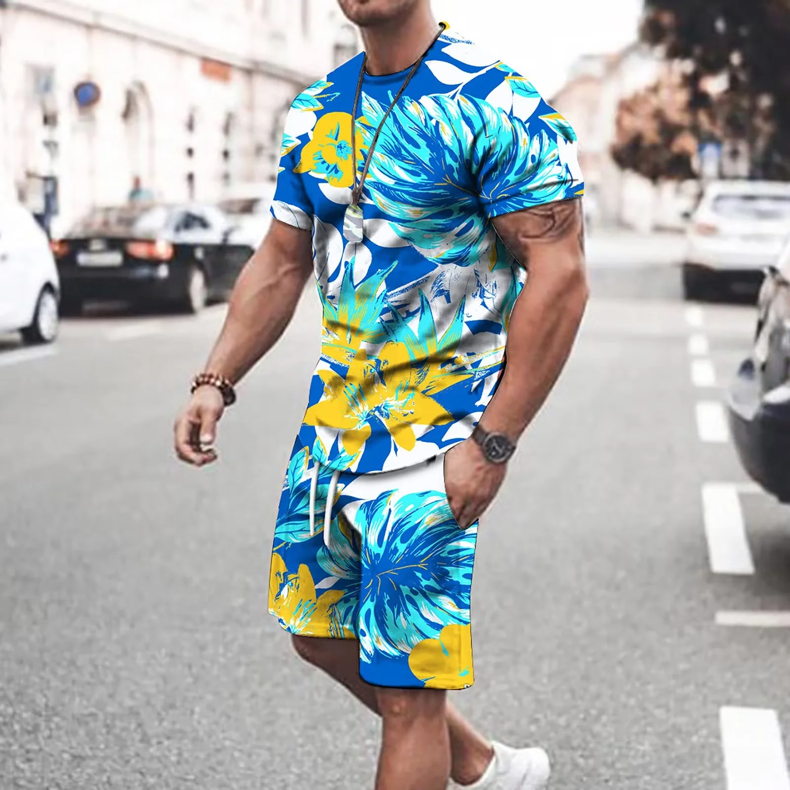 New Abstract 3D Printed T-shirt Shorts Set Two-Piece Men\'s T-shirt Shorts Set Beach Style Sportswear Set