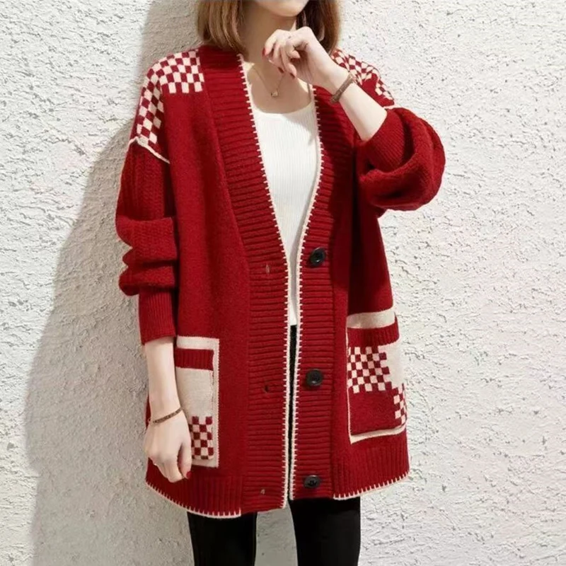 Autumn Winter Elegant Women Sweater Jackets V-neck Knitted Cardigan Long Sleeve Printed Casual Loose Coats Outwear Clothing