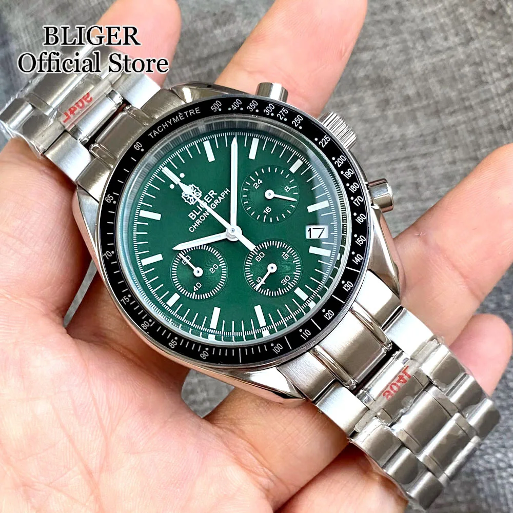 BLIGER Luxury 40mm Speed Chronograph Quartz Watch For Men VK63 Movement Black Green Dial Automatic Date Stainless Steel Bracelet