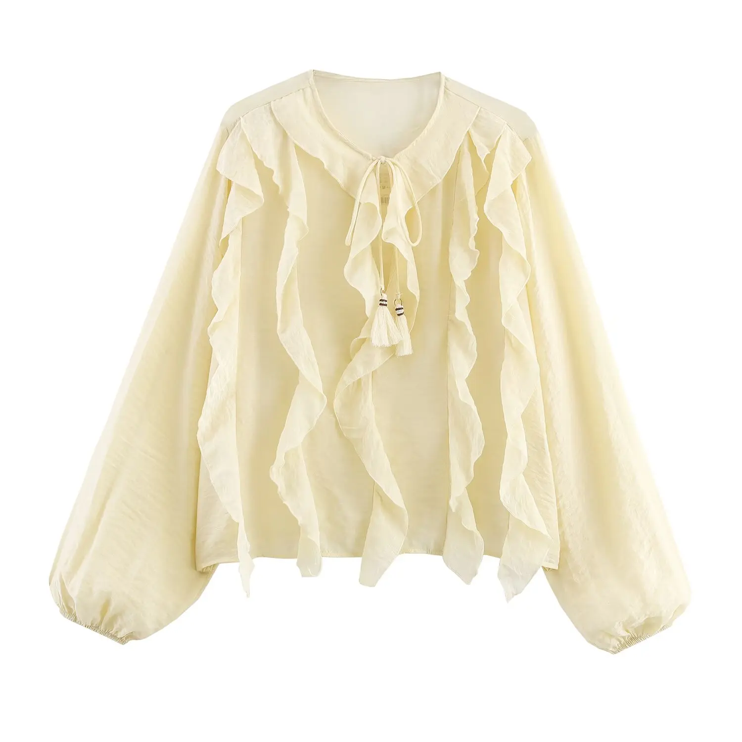 เสื้อแฟชั่นผู้หญิงสไตล์ยุโรปและอเมริกา ประจำปี 2025 รุ่นใหม่สำหรับฤดูใบไม้ร่วง ตกแต่งพู่เก๋ไก๋ คอกลม แต่งลายเคลือบ