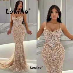 Vestido de fiesta de perlas color champán, vestido de fiesta de boda con tirantes finos de sirena, vestidos de celebridades árabes personalizados, vestido de noche elegante