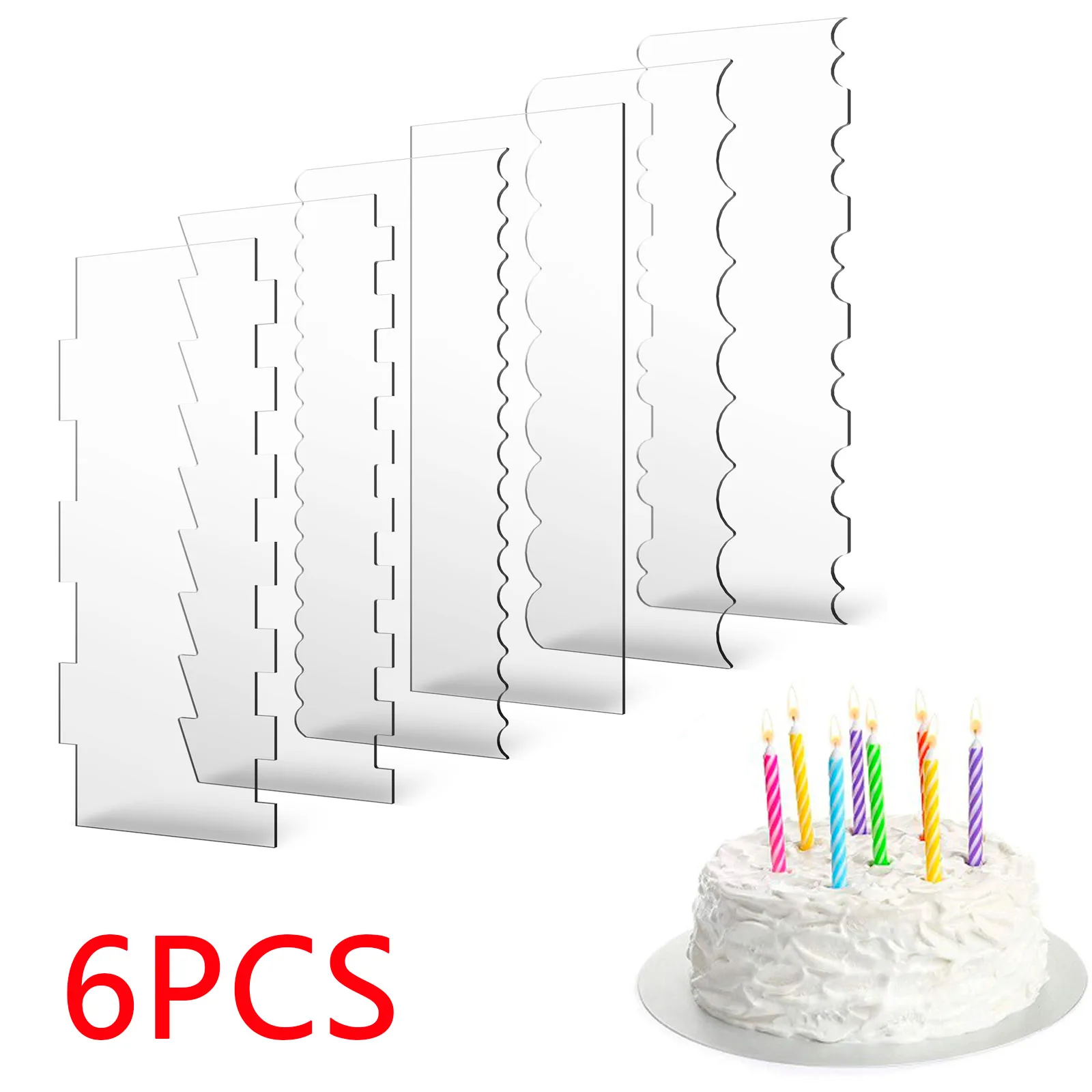 6Pcs Cake Scraper Set Acrylic Cake Smoother Scraper Cake Stripes Edge Contour Comb with 11 Patterns Cake Decorating Baking Tool