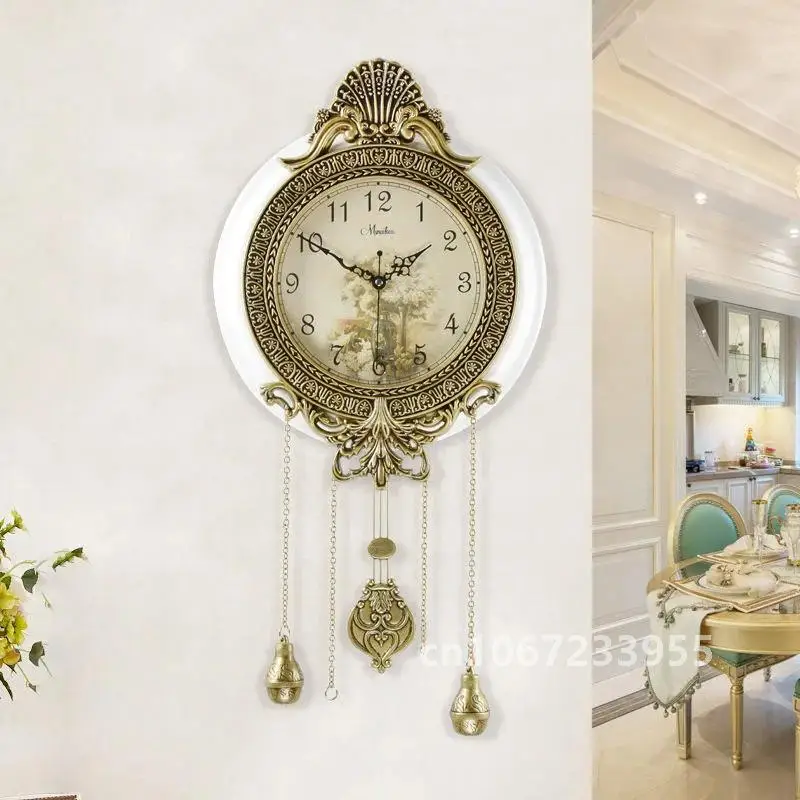 American Solid Wood Silent Swing Wall Clock Living Room European-style Metal Creative Decoration Large Quartz Clock Pendulum