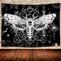 Witchcraft Butterfly Moth Tapestry Mystery Skull Dead Head Black and White Gothic Quarters Decorative