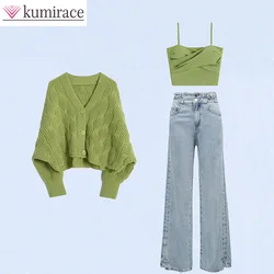 Spring/Summer Set Women's 2023 New Loose Sweater Fashion Strap Versatile Jeans Three Piece Women's Pants Set Matching Set Women