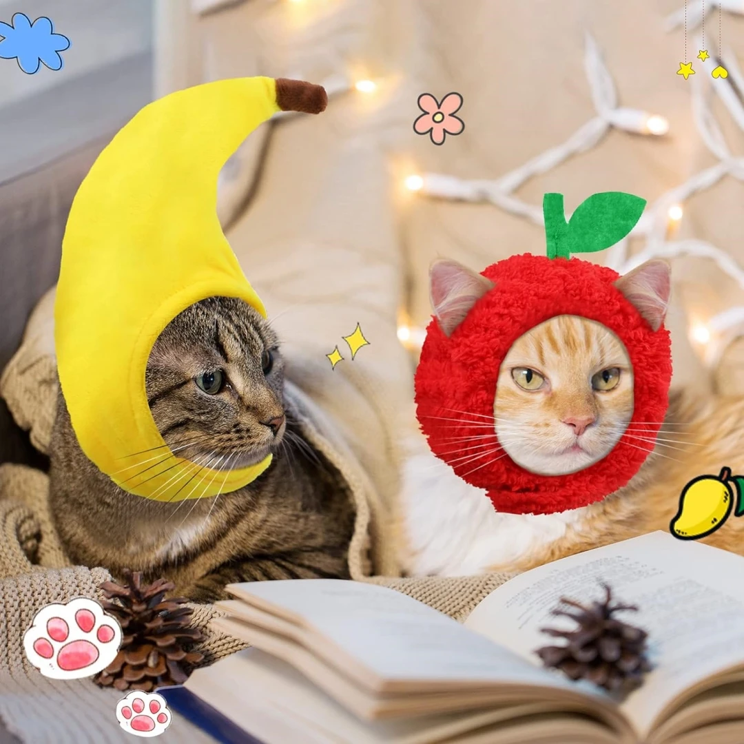 3 pieces of cat hats, Halloween costumes, banana pineapple red fruit shaped hats, soft hats, adjustable accessories, breathable