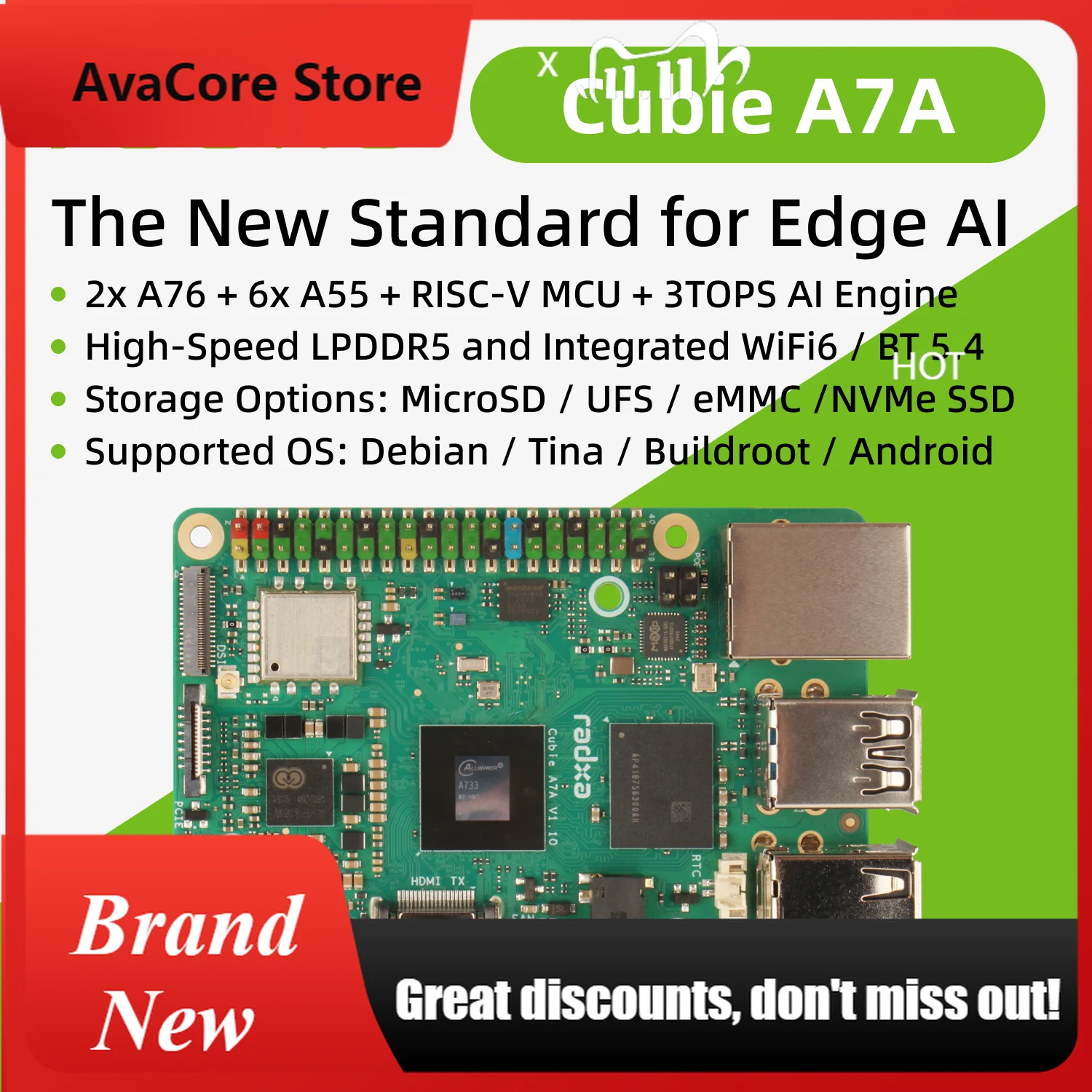 AvaCoreRadxa Cubie A7A,The New Standard for Edge Al,High-Speed LPDDR5,Single Board Computer