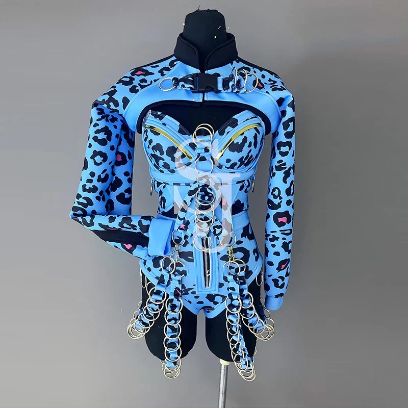 Blauer Leopard sexy Bikini Clubwear Gogo Tanz kostüm Langarm Bar Pole Dance Performance Kleidung Party Festival Outfit